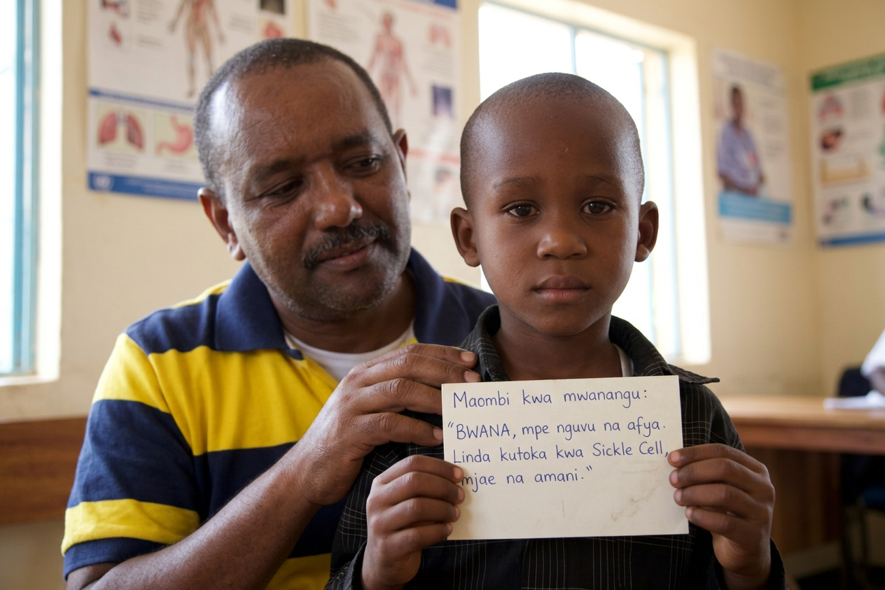Child holding a handwritten sign about sickle cell with adult sitting beside him