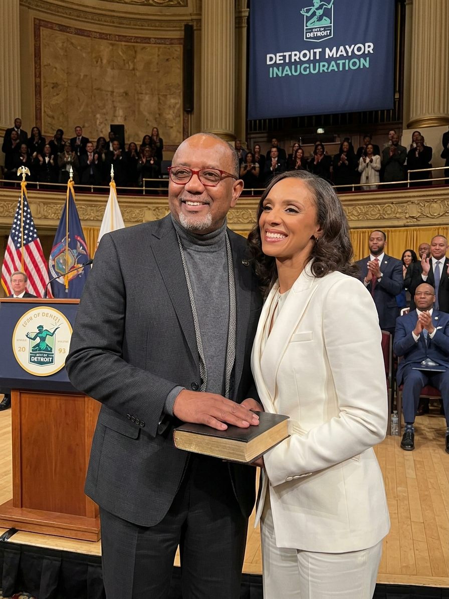 Woman in white suit taking oath with hand on Bible held by a man in dark suit during Detroit mayor inauguration
